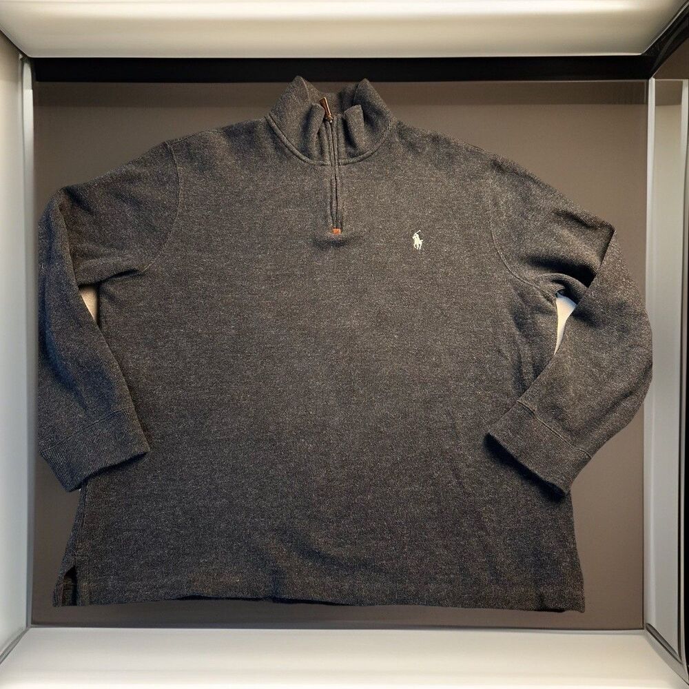 Polo Ralph Lauren 3/4 Zip Heathered Black Cotton Sweater White Logo Size L